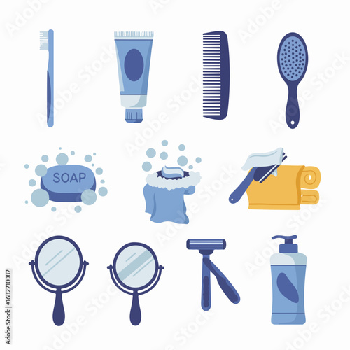 Flat vector illustration set of essential bathroom and personal care items: toothbrush, toothpaste, soap, comb, mirror, razor, and lotion, on a white background.