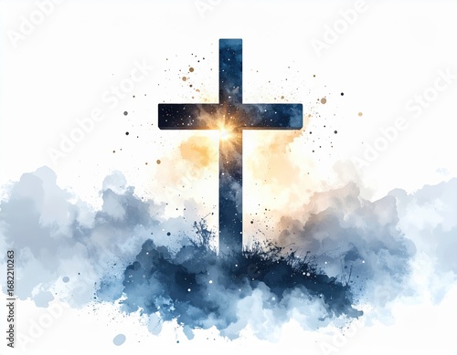 Watercolor depiction of a cross with light emanating, symbol of faith and hope