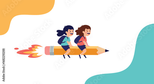 Two happy kids riding a rocket pencil symbolizing fast learning and educational success