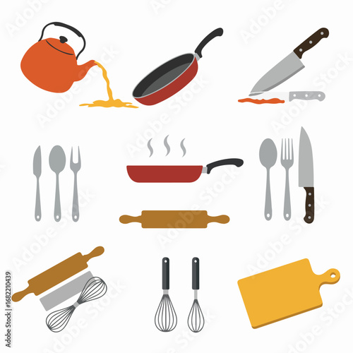 Essential kitchen tools and cooking utensils in a flat design style, perfect for culinary projects, cooking concepts, and food preparation.