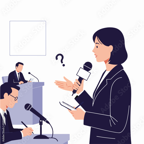 Female journalist asking questions at a press conference or public debate, with panelists listening and taking notes.