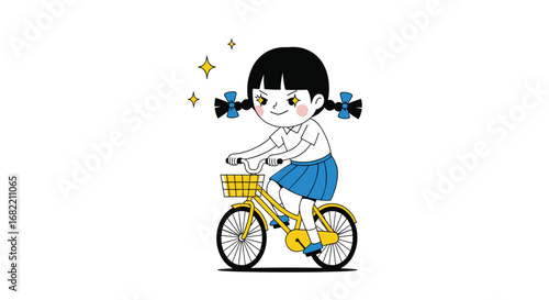 Joyful girl with pigtails happily rides yellow bicycle with basket and twinkling stars