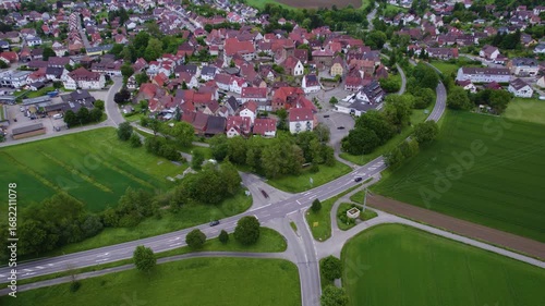 Aerial view of the old town city Ötisheim in Germany on a late sunny day in summer. 