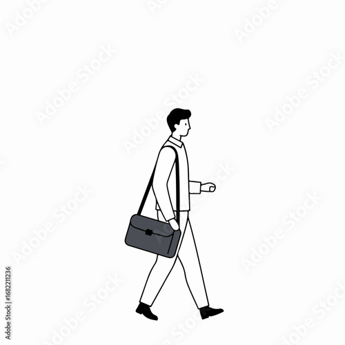 Minimalist line art illustration of a man walking with a shoulder bag, representing business, commute, and daily life.