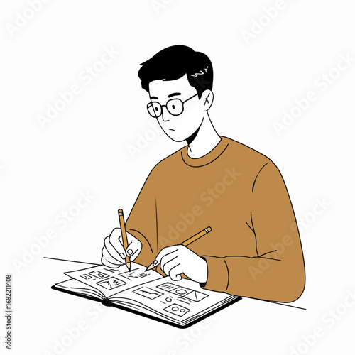 Young man with glasses focused on sketching and developing creative ideas in a notebook, symbolizing design, learning, and artistic expression.