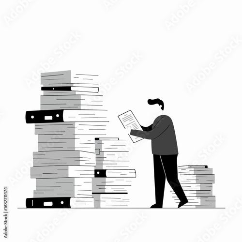 Man reading documents amidst towering stacks of paperwork, representing overwhelming workload, data analysis, and office bureaucracy.