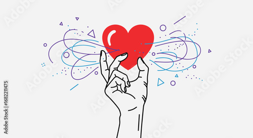 Carefully holding a vibrant red heart surrounded by playful abstract lines, dots, and shapes