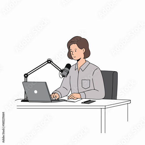 Woman recording a podcast or online broadcast, engaging with her audience through a microphone and laptop in a modern digital media setup.