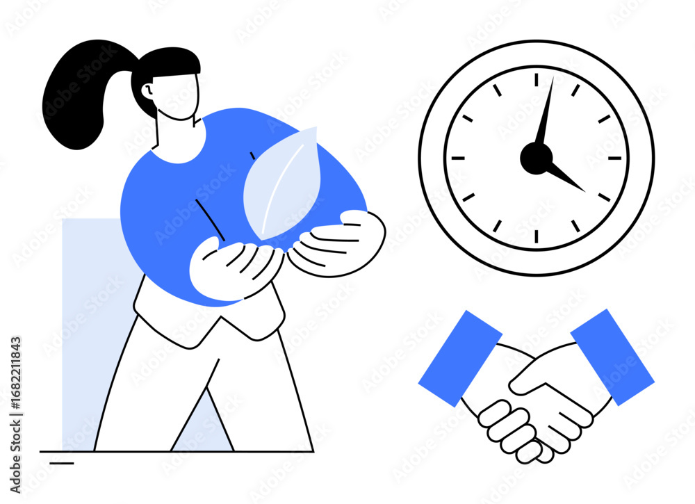 custom made wallpaper toronto digitalWoman holding a leaf, handshake, and clock representing environmental care, teamwork, and productivity. Ideal for sustainability, collaboration, time management, ecology partnerships business