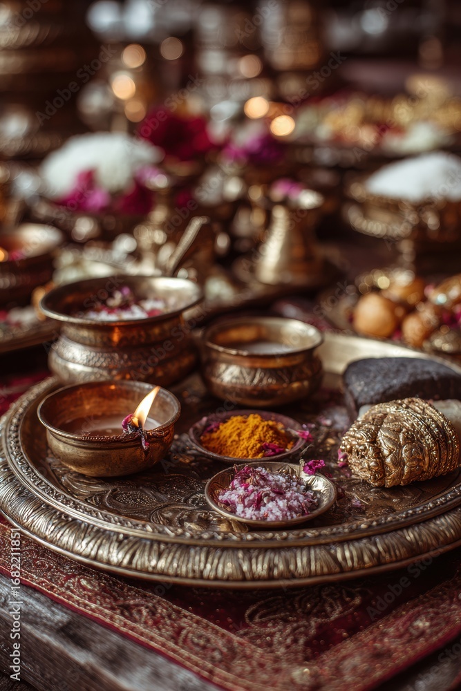 Fototapeta premium Authentic Teej Festival Brass Puja Thali with Diya and Religious Offerings Premium Spiritual Tradition Content for Lifestyle Marketing and Social Media Campaigns