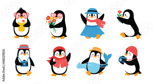 Adorable cartoon penguins dressed up for fun activities like photography and celebrating with flowers