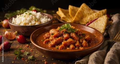 A Delicious Culinary Composition Stew, Rice, and Bread, Ready to Serve