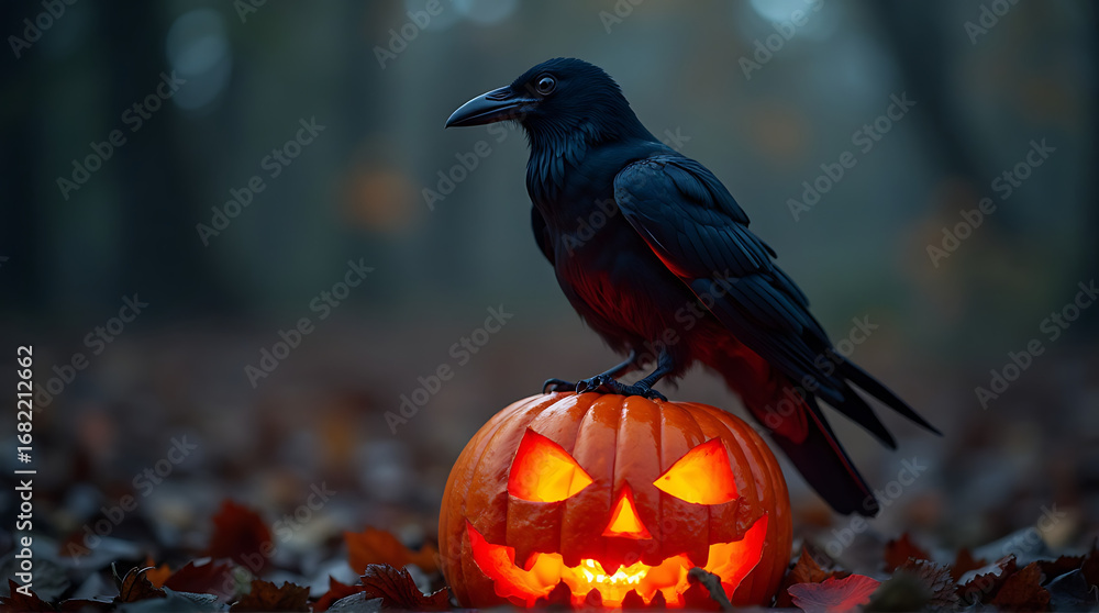 Obraz premium Eerie Halloween Night: Raven perched atop a glowing Jack-o'-lantern in dark forest