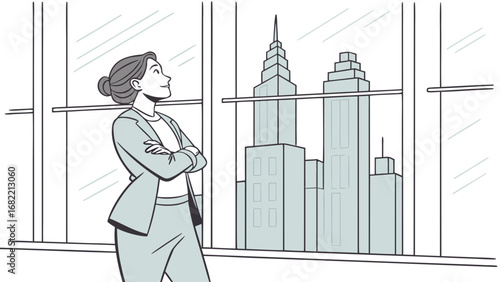Businesswoman looking at city skyline from office window career aspirations success and inspiration concept