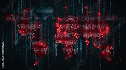 Global cyber threat detected with alarming red digital map highlighting widespread data breaches and network vulnerabilities across interconnected world