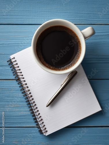 A cup of dark coffee rests beside an empty notebook and a metallic pen on a blue wooden surface, perfect for jotting down ideas.