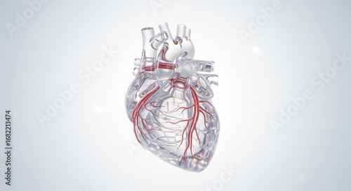 Anatomically correct glass human heart with coronary arteries, a futuristic 3d medical animation concept on a light background