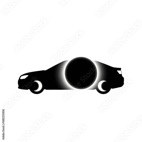 Car Merging with a Solar Eclipse, Wheels Glowing as Moons