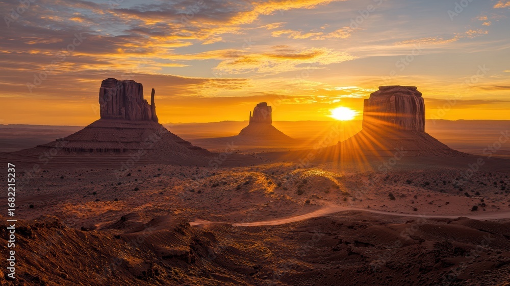 Naklejka premium Monument Valley Sunrise: Majestic Buttes Bathed in Golden Light