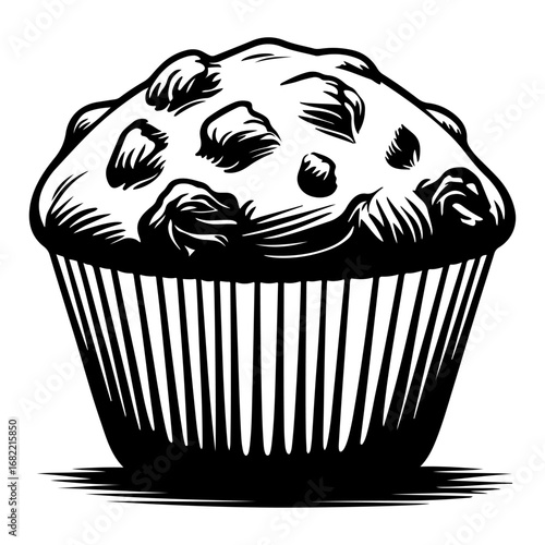 Black-and-white illustration of a delicious cupcake decorated with chocolate chips—an attractive and versatile visual for a bakery logo, food menu design, or restaurant branding.