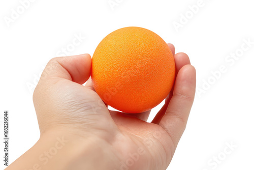 Close-up of a hand holding a vibrant orange sphere.  The sphere is smooth and textured