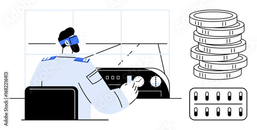 A professional adjusts controls in a modern workspace, viewed alongside a stack of coins and a chip. Ideal for technology, automation, finance, management, innovation, future operations. Simple flat