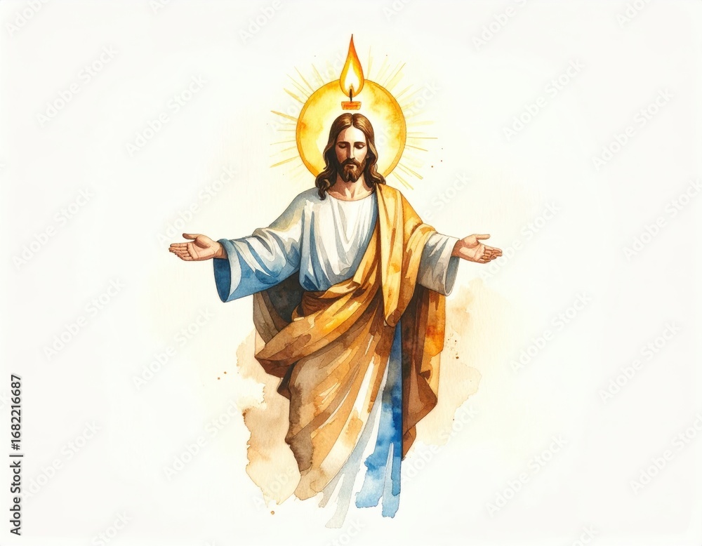 Fototapeta premium Watercolor Illustration of Jesus Christ with a Golden Halo and Open Arms