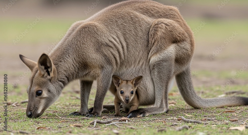 A mother agile wallaby protects her joey in a grassy field. A mother agile wallaby protects her joey in a grassy field.