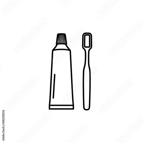 A simple line drawing of a tube of toothpaste and a toothbrush on a white background illustration
