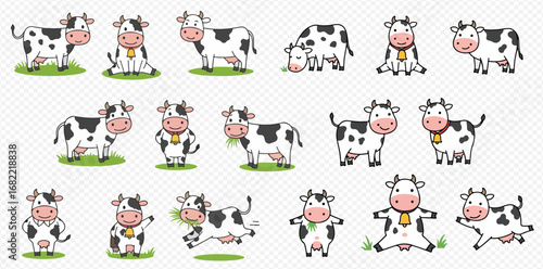 Collection of cute cartoon cows in various playful poses, some eating grass.