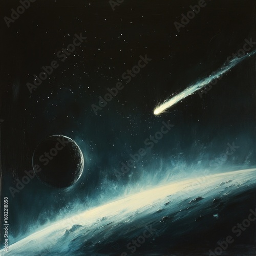 Dramatic space scene featuring a comet streaking past a planet in a star filled night sky