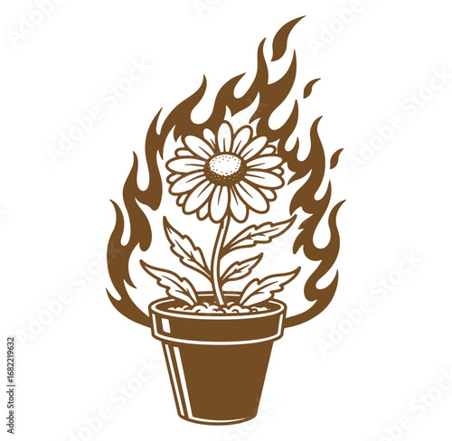Burning flower in a pot vector illustration showing passion and destructive beauty