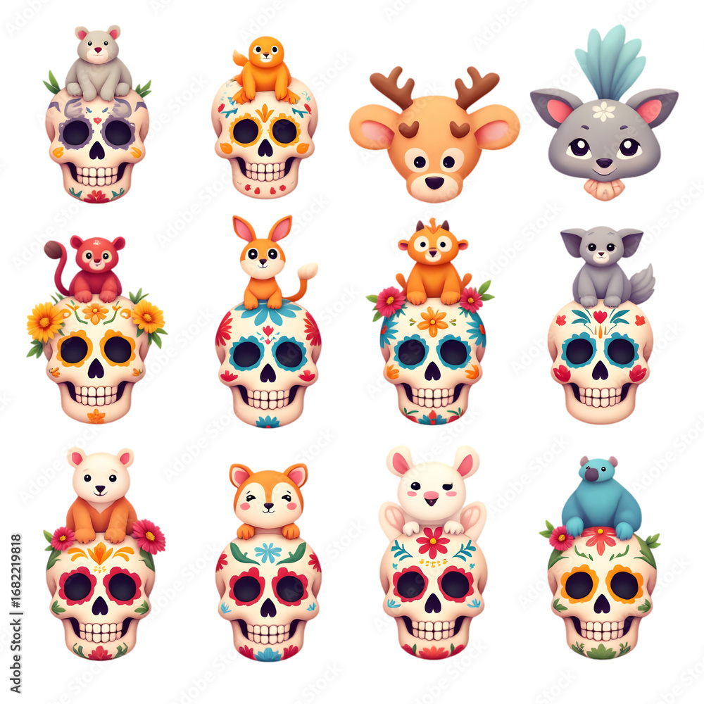 Obraz premium Cute Animal Character Sitting on Colorful Skull Cartoon