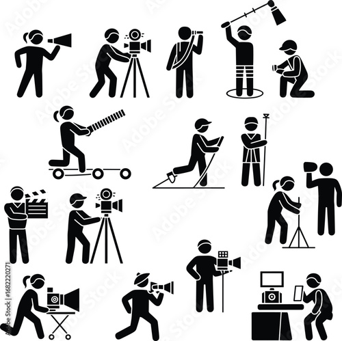 Film production crew icons, movie making process, director cameraman sound engineer teamwork, video shooting equipment, filmmaking industry illustration, cinema creative concept
