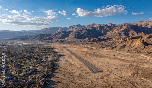 Aerial view of a desert runway between residential area and mountains