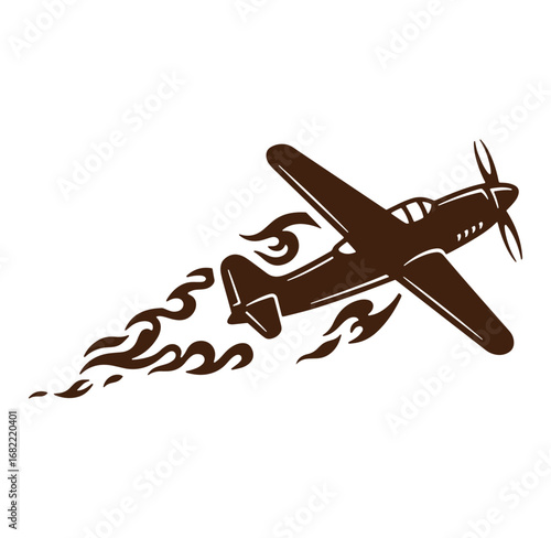 Classic world war two fighter plane silhouette with smoke trails in vector illustration