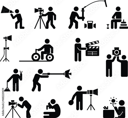 Movie production icons, filmmaking crew equipment, director cameraman sound engineer, clapperboard film set, video shooting process, cinema industry illustration, studio work