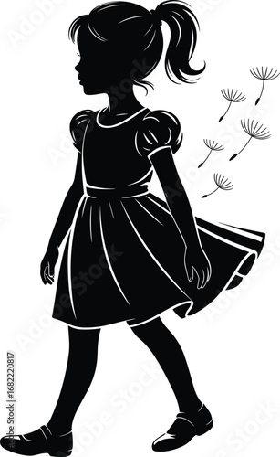 Silhouette of little girl walking gracefully, child in dress with ponytail, blowing dandelion seeds, childhood innocence, nature concept, vector illustration
