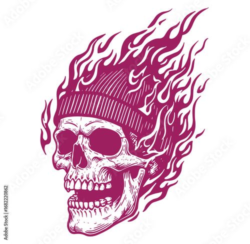 Burning skull illustration with beanie hat in linework style for tattoo designs and apparel