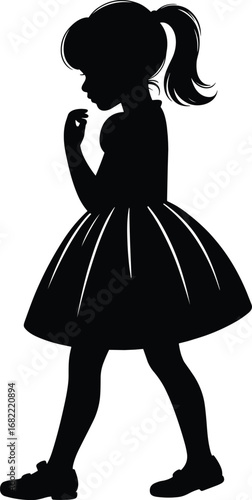 Silhouette of little girl walking, child in dress, cute hairstyle ponytail, isolated vector design, children fashion, childhood concept illustration