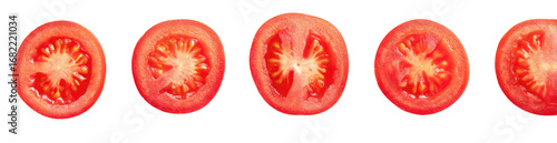 Five sliced tomato halves against black background