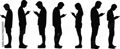 Silhouette people using smartphone, young men and women standing, mobile addiction concept, digital lifestyle, modern technology communication, internet connection, isolation