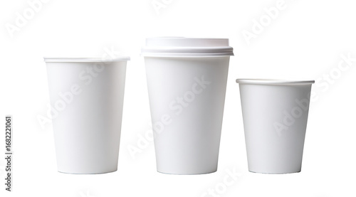 Three white disposable coffee cups of varying sizes, arranged horizontally, on a plain black background.  Each cup has a matching white lid
