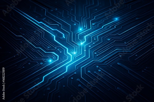 Dynamic blue circuit board glows with vibrant energy, representing advanced technology and innovation