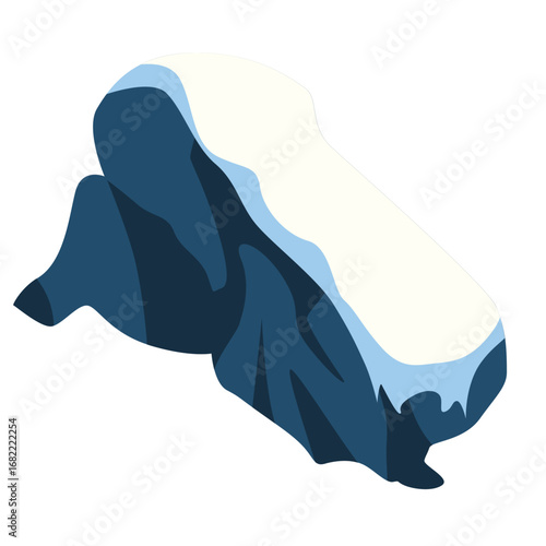 "Flat 2d illustration of a steep snowy mountain with dark rocky slopes, perfect for winter landscapes, outdoor adventure, and natural environment design."