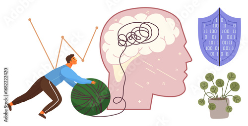 Man untangling yarn to simplify brain chaos, shield with binary code, and plant symbolizing growth. Ideal for mental health, resilience, problem-solving, focus, clarity, emotional healing