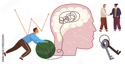 Man untangling yarn ball into brain shape, keys, and handshake represent overcoming challenges, teamwork, and unlocking solutions. Ideal for creativity, growth, strategy, productivity mental health