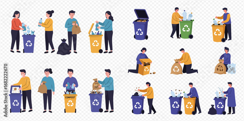 People sorting and disposing of waste into recycling bins.  Various individuals are shown properly separating trash and recyclables.