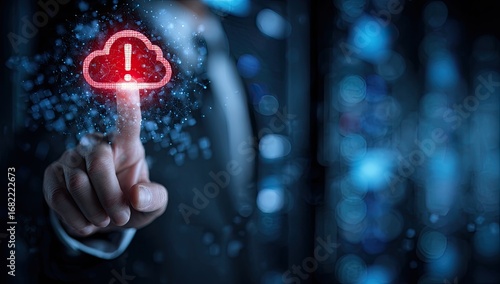 A person's finger touches a red cloud icon with an exclamation mark, signaling a problem in a cloud-based system.  Server room background