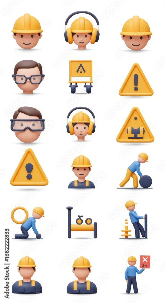Fototapeta premium A collection of 3D construction worker icons, featuring various safety elements and work actions, displayed on a white background.
